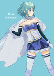 Rule 34 | 1girl, bare shoulders, belt, blue background, blue belt, blue eyes, blue hair, blue skirt, cape, character name, closed mouth, commentary, elbow gloves, fortissimo, gloves, hair ornament, highres, holding, holding cape, holding clothes, looking to the side, mahou shoujo madoka magica, mahou shoujo madoka magica (anime), miki sayaka, musical note, musical note hair ornament, short hair, simple background, skirt, solo, thighhighs, white cape, white gloves, white thighhighs, yooki (winter cakes), zettai ryouiki