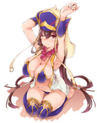 Rule 34 | 1girl, armpits, arms up, barefoot, beads, bikini, blue bikini, blue thighhighs, breasts, brown hair, cleavage, closed mouth, commentary request, earrings, fate/grand order, fate (series), full body, hair between eyes, hat, highres, jewelry, large breasts, long hair, looking at viewer, navel, necklace, one eye closed, prayer beads, purple eyes, revision, seiza, sitting, solo, swimsuit, thighhighs, thomasz, very long hair, xuangzang sanzang (fate)