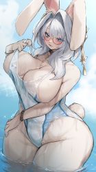 Rule 34 | 1girl, animal ear fluff, animal ears, black collar, blue eyes, blush, body fur, breasts, cleavage, clothes pull, collar, commission, furry, furry female, glasses, hair intakes, highres, huge breasts, looking at viewer, medium hair, mole, mole under mouth, one-piece swimsuit, one-piece swimsuit pull, open mouth, original, rabbit ears, rabbit girl, skeb commission, smile, solo, suurin (ksyaro), swimsuit, water, wet, white one-piece swimsuit, wide hips