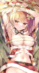 Rule 34 | 1girl, areola slip, armpits, arms up, belt, blonde hair, breasts, capelet, center opening, christmas, cleavage, fur trim, large breasts, long hair, looking at viewer, midriff, miniskirt, navel, no bra, no panties, original, parted lips, red eyes, red skirt, ribbon, skirt, solo, stomach, takano yuki (allegro mistic), white ribbon