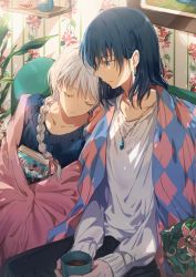 Rule 34 | 1boy, 1girl, alternate costume, black hair, blanket, blue eyes, blue sweater, book, braid, closed eyes, collarbone, couple, cup, dangmill, earrings, floral print, hair ribbon, head on another&#039;s shoulder, hetero, highres, holding, holding book, holding cup, howl (howl no ugoku shiro), howl no ugoku shiro, jewelry, leaning on person, long hair, long sleeves, looking at another, mug, pendant, pink ribbon, ribbon, shelf, shirt, sitting, sleeping, smile, sophie (howl no ugoku shiro), sweater, u u, wallpaper (object), white hair, white shirt