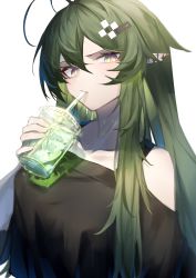 Rule 34 | 1girl, alternate costume, antenna hair, arknights, bare shoulders, black shirt, breasts, cup, disposable cup, drinking, drinking glass, drinking straw, gavial (arknights), green hair, hair between eyes, hair ornament, hairclip, highres, holding, holding cup, long hair, looking at viewer, medium breasts, ozeu0916, pointy ears, shirt, sidelocks, solo, straw, upper body, yellow eyes