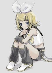 Rule 34 | 1girl, arm rest, ascot, bare shoulders, blonde hair, blue eyes, bow, closed mouth, detached sleeves, expressionless, hair bow, hair ornament, hairclip, hand on own chin, hand on own face, headset, highres, kagamine rin, knees together feet apart, leg warmers, limited palette, looking at viewer, midriff, navel, number tattoo, pafufu, sailor collar, shirt, short hair, shorts, shoulder tattoo, sleeveless, sleeveless shirt, solo, squatting, swept bangs, tattoo, treble clef, vocaloid, yellow ascot