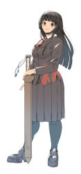 Rule 34 | 1girl, black eyes, black hair, black thighhighs, blunt bangs, closed mouth, collared shirt, full body, highres, holding, holding sword, holding weapon, k ei3k, loafers, long hair, long sleeves, magatama, protagonist 2 (housamo), medium skirt, necktie, pleated skirt, red necktie, school uniform, shirt, shoes, skirt, smile, solo, sword, thighhighs, tokyo houkago summoners, weapon, white background