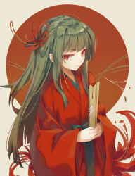 Rule 34 | 1girl, akinomiya asuka, aqua ribbon, blood, blunt bangs, bright pupils, commentary request, flower, green hair, hair flower, hair ornament, holding, japanese clothes, kimono, long sleeves, mystical power plant, red eyes, red flower, red kimono, ribbon, simple background, solo, spider lily, suitokuin tenmu, upper body, white pupils, wide sleeves