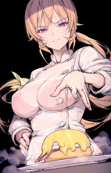 Rule 34 | 1girl, black background, blonde hair, bra visible through clothes, breasts, chef, closed mouth, eggs benedict, food, hand on own hip, haoni, highres, large breasts, long hair, looking at food, looking down, low ponytail, nakiri erina, open hand, plate, purple eyes, shirt, shokugeki no souma, simple background, smile, solo, steam, sweat, uniform, v-shaped eyebrows, very long hair, white shirt