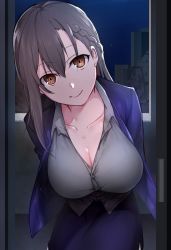 Rule 34 | 1girl, arms behind back, braid, breasts, brown eyes, brown hair, buttons, cleavage, closed mouth, collarbone, collared shirt, door, dress shirt, french braid, grey shirt, head tilt, highres, indoors, jacket, large breasts, leaning forward, long hair, medium skirt, night, night sky, open clothes, open jacket, original, purple jacket, purple skirt, shirt, side slit, skirt, sky, smile, solo, standing, standing on one leg, tareme, town, window, wing collar, xiujia yihuizi