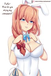 Rule 34 | 1girl, :p, absurdres, aged up, alternate hair length, alternate hairstyle, animal ears, artist name, bare shoulders, blue bow, blue bowtie, blue eyes, bow, bowtie, breasts, cleavage, commentary, detached collar, doki doki literature club, english commentary, english text, eyes visible through hair, hair between eyes, hair bow, hair over shoulder, highres, large breasts, leotard, light blush, light brown hair, long hair, patreon username, playboy bunny, rabbit ears, rabbit tail, raion (raionart), red bow, sayori (doki doki literature club), smile, solo, tail, tongue, tongue out, upper body, white leotard, wrist cuffs