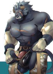 Rule 34 | 1boy, abs, bara, bulge, camouflage, camouflage pants, clothing cutout, crotchless, crotchless pants, curled horns, feet out of frame, flaccid, flying sweatdrops, furry, furry male, grey fur, highres, horns, k0bit0wani, krampus (housamo), large bulge, large pectorals, long sideburns, male focus, mature male, medium hair, muscular, muscular male, navel, navel hair, nipples, pants, pectorals, penis, penis peek, scar, scar across eye, scar on chest, scar on face, sideburns, solo, stomach, thick eyebrows, thick thighs, thigh cutout, thighs, tokyo houkago summoners, topless male, tusks, unzipping, wrestling outfit, zipper