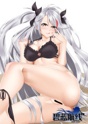 Rule 34 | 1girl, ;q, absurdres, antenna hair, anus, ass, azur lane, bad id, bad pixiv id, bar censor, bare arms, bare legs, bare shoulders, barefoot, bikini, bikini around one leg, bikini top only, black bikini, black bow, blush, bow, breasts, censored, cleavage, clitoris, closed mouth, collarbone, copyright name, cross, fingernails, frilled bikini, frills, hair between eyes, hair bow, hands up, heart, heart-shaped pupils, highres, iron cross, kong lang (skywave), leg up, licking lips, lips, long fingernails, long hair, looking at viewer, lying, medium breasts, nail polish, on side, one eye closed, pink lips, pink nails, prinz eugen (azur lane), pulling own clothes, pussy, side-tie bikini bottom, silver hair, simple background, sitting, smile, solo, strap pull, swimsuit, symbol-shaped pupils, tongue, tongue out, very long hair, white background, yellow eyes