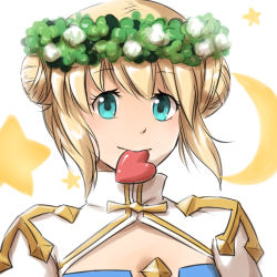 Rule 34 | 1girl, arch bishop (ragnarok online), blonde hair, blue dress, blue eyes, cleavage cutout, closed mouth, clothing cutout, commentary request, crescent moon, cross, double bun, dress, hair bun, head wreath, heart, heart in mouth, juliet sleeves, long sleeves, looking at viewer, moon, natsuya (kuttuki), puffy sleeves, ragnarok online, short hair, smile, solo, star (symbol), two-tone dress, upper body, white background, white dress