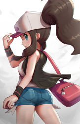 Rule 34 | 1girl, adjusting clothes, adjusting headwear, armpit crease, ass, bad id, bad twitter id, bag, bare shoulders, baseball cap, black vest, blue eyes, blue shorts, blush, breasts, brown hair, chromatic aberration, commentary, creatures (company), denim, denim shorts, exposed pocket, facing away, from behind, furrowed brow, game freak, gonzarez, hat, high ponytail, highres, hilda (pokemon), holding, holding poke ball, long hair, looking at viewer, looking back, nape, nintendo, parted lips, poke ball, poke ball (basic), pokemon, pokemon bw, ponytail, profile, shirt, short shorts, shorts, sidelocks, simple background, sleeveless, sleeveless shirt, solo, standing, thighs, twintails, v-shaped eyebrows, vest, visor cap, white background, white hat, white shirt, wristband