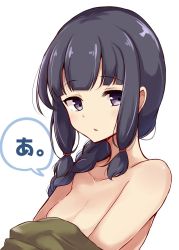 Rule 34 | 1girl, a (phrase), bare shoulders, black eyes, black hair, blunt bangs, braid, braided ponytail, commentary request, highres, kantai collection, kitakami (kancolle), long hair, looking at viewer, one-hour drawing challenge, sidelocks, simple background, single braid, solo, soramuko, undressing, upper body, white background