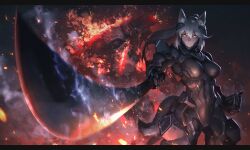 Rule 34 | 1girl, animal ear fluff, animal ears, armor, black background, black bodysuit, bodysuit, breasts, closed mouth, commission, covered navel, cowboy shot, dated commentary, fire, grey hair, hetza (hellshock), highres, holding, holding sword, holding weapon, long hair, looking at viewer, medium breasts, original, ponytail, science fiction, sheath, skeb commission, skin tight, smoke, solo, standing, sword, tail, weapon, yellow eyes