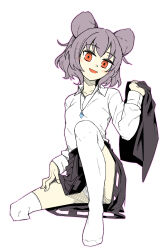 Rule 34 | 1girl, :d, animal ears, black skirt, blush, bob cut, clothes lift, collarbone, foot out of frame, grey hair, hand up, hatching (texture), head tilt, high-waist skirt, highres, holding, holding clothes, jewelry, knee up, legs, linear hatching, long sleeves, looking at viewer, mouse ears, naughty face, nazrin, necklace, no shoes, open collar, open mouth, outline, pendant, pink outline, red eyes, shamo (koumakantv), shirt, shirt tucked in, short hair, skirt, skirt lift, smile, smug, solo, thighhighs, touhou, undressing, unworn vest, white background, white shirt, white thighhighs
