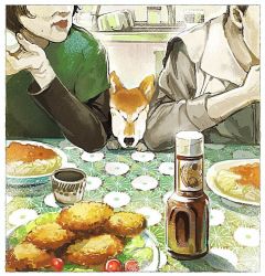 Rule 34 | 1boy, 1girl, bayashiko, chair, cup, dog, eating, elbows on table, food, food request, green shirt, holding, holding food, jacket, layered sleeves, lipstick, long sleeves, makeup, mole, original, pasta, plate, shiba inu, shirt, short over long sleeves, short sleeves, sitting, spaghetti, squeezing, table