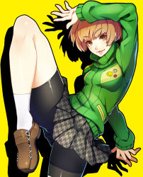Rule 34 | 1girl, bike shorts, brown eyes, brown hair, artistic error, fighting stance, highres, jacket, open mouth, persona, persona 4, satonaka chie, school uniform, short hair, shorts, shorts under skirt, skirt, smile, solo, standing, standing on one leg, track jacket, wrong hand, yuuten