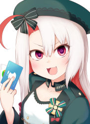 Rule 34 | 1girl, :d, @ @, absurdres, asuto3, azur lane, bow, card, chain, collarbone, commentary request, hair between eyes, hair bow, hair ribbon, hat, highres, holding, holding card, long hair, looking at viewer, maestrale (azur lane), multicolored hair, open mouth, red eyes, ribbon, sidelocks, simple background, smile, solo, symbol-shaped pupils, two-tone hair, v-shaped eyebrows, white background, white hair