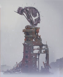 Rule 34 | absurdres, bent back, building, commentary, crown, english commentary, from side, full body, giant, giant skeleton, highres, jocelin carmes, no humans, original, outdoors, perched, ruins, skeleton, sky, snow, snowing, solo, squatting, tree