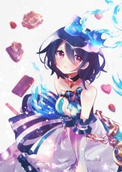 Rule 34 | 1girl, alice (sinoalice), apron, bad id, bad twitter id, blue hair, blush, bow, cake, chain, chocolate, choker, cleavage cutout, closed mouth, clothing cutout, dress, elbow gloves, food, gloves, hair bow, looking at viewer, pocket watch, pout, red eyes, simple background, sinoalice, sinochihara, solo, watch, white background