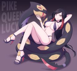 Rule 34 | 1girl, 83tsu, absurdres, arm behind head, armpits, bikini, black hair, breasts, cleavage, creatures (company), crossed legs, earrings, english text, feet, game freak, gen 3 pokemon, heels, high heel sandals, highres, jewelry, legs, looking at viewer, lucy (pokemon), nail polish, navel, nintendo, pokemon, pokemon emerald, pokemon rse, red eyes, seviper, smile, swimsuit, tagme, thick thighs, thighs