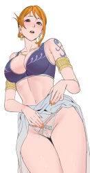 Rule 34 | 1girl, arabian clothes, arm tattoo, armlet, breasts, brown eyes, collarbone, commentary, earrings, gold earrings, highres, jewelry, large breasts, medium hair, nami (one piece), navel, one piece, open mouth, orange hair, orange nails, simple background, single sidelock, skin tight, solo, standing, tattoo, teeth, upper teeth only, uukkaa, white background