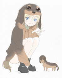 Rule 34 | 1girl, agahari, animal, animal costume, black hair, blonde hair, blue eyes, blush, boots, dog, dog tail, erica hartmann, hood, hoodie, multicolored hair, short hair, smile, solo, squatting, strike witches, tail, two-tone hair, v, world witches series