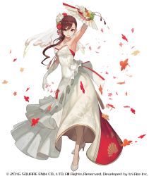Rule 34 | 1girl, armpits, breasts, brown hair, closed mouth, commentary request, dress, elbow gloves, hand fan, flower, folding fan, full body, gloves, hair flower, hair ornament, high heels, lack, large breasts, long hair, looking at viewer, official art, red flower, red rose, rose, saionji reimi, simple background, smile, solo, standing, star ocean, watermark, wedding dress, white background, white dress, white flower, white footwear, white gloves, white rose