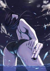 Rule 34 | 1girl, aqua eyes, ass, black hair, bren ten, cameltoe, competition swimsuit, from below, glowing, glowing eyes, gradient background, hellween, highres, long hair, looking at viewer, looking back, night, night sky, one-piece swimsuit, original, partially submerged, pointing, pointing at viewer, sky, solo, star (sky), starry sky, swimsuit, wading, weapon, wet, wet clothes