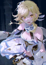 Rule 34 | 1girl, absurdres, blonde hair, breasts, buri (retty9349), cleavage, dress, feather hair ornament, feathers, flower, genshin impact, hair flower, hair ornament, highres, lumine (genshin impact), medium breasts, medium hair, open mouth, scarf, short hair with long locks, solo, white dress, white flower, white scarf, yellow eyes