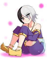 Rule 34 | 1girl, ass, bare shoulders, black hair, cougar (cougar1404), hair over one eye, hugging own legs, looking at viewer, majin shoujo, multicolored hair, pants, red eyes, shiny clothes, shiny skin, short hair, silver hair, sitting, smile, solo, two-tone hair, zizou olympia