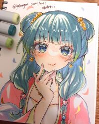 Rule 34 | 1girl, :q, art tools in frame, beads, blue eyes, blunt bangs, blush, chinese clothes, closed mouth, commentary request, double bun, earrings, eyelashes, flower, gattengou, green hair, hair beads, hair bun, hair flower, hair ornament, hand up, highres, jewelry, kusuriya no hitorigoto, lips, long hair, long sleeves, low-tied long hair, low twintails, maomao (kusuriya no hitorigoto), necklace, photo (medium), simple background, smile, solo, tongue, tongue out, traditional media, twintails, upper body, v, white background, wide sleeves, yellow flower