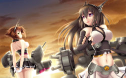 Rule 34 | 10s, 2girls, absurdres, arms behind back, ass, breasts, brown hair, cleavage, cloud, gloves, guardian-panda, highres, kantai collection, large breasts, long hair, multiple girls, mutsu (kancolle), nagato (kancolle), no bra, panties, short hair, turret, underwear, weapon