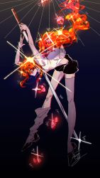 Rule 34 | 1other, absurdres, androgynous, arms up, asymmetrical legwear, black footwear, black skirt, closed mouth, colored skin, commentary request, crystal hair, dark background, elbow gloves, full body, gem, gem uniform (houseki no kuni), gloves, highres, holding, holding sword, holding weapon, houseki no kuni, long hair, looking to the side, open clothes, open shirt, other focus, padparadscha (houseki no kuni), pale skin, red eyes, red gemstone, red hair, rkrforce22, shirt, shoes, short sleeves, signature, skirt, smile, solo, sparkle, standing, sword, thighhighs, unbuttoned, unbuttoned shirt, uneven legwear, very long hair, wavy hair, weapon, white gloves, white shirt, white skin, white thighhighs