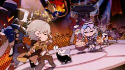 Rule 34 | ?, absurdres, animal, black footwear, black jacket, black pants, black shorts, caelus (honkai: star rail), chewing gum, chibi, chinese commentary, closed eyes, closed mouth, crossed arms, goggles, goggles on head, grey hair, greyscale, high ponytail, highres, honkai: star rail, honkai (series), indoors, jacket, long hair, looking at another, monochrome, official art, open hand, pants, ponytail, sequence trotter (honkai: star rail), short hair, shorts, silver wolf (honkai: star rail), single drill, smile, standing, trailblazer (honkai: star rail), trotter (honkai: star rail)