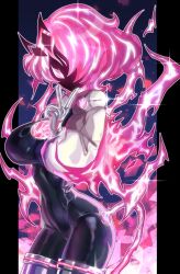Rule 34 | 1girl, black bodysuit, bodysuit, breasts, cropped jacket, duel monster, electricity, enmo takeshita, gloves, highres, jacket, large breasts, lightning hair, long sleeves, pink eyes, pink hair, short hair, solo, spright carrot, spright red, v, white gloves, yu-gi-oh!