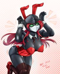 Rule 34 | 1girl, animal ears, ass, breasts, brown necktie, cleavage, dated, fake animal ears, fake tail, green eyes, hairband, highres, large breasts, leotard, long hair, looking at viewer, mecha, mecha musume, necktie, original, playboy bunny, rabbit ears, rabbit tail, red hair, robot, signature, solo, tail, vilde loh hocen, wrist cuffs