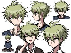 Rule 34 | 1boy, amami rantaro, antenna hair, collarbone, collared shirt, danganronpa (series), danganronpa v3: killing harmony, ear piercing, earrings, green eyes, green hair, hair between eyes, jewelry, long sleeves, male focus, official alternate costume, open mouth, piercing, shirt, short hair, sitting, smile, striped clothes, suiren yurei