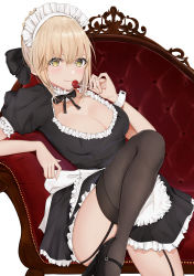 Rule 34 | 1girl, absurdres, alternate costume, apron, artoria pendragon (all), artoria pendragon (fate), black bow, black dress, black footwear, black thighhighs, blonde hair, bow, braid, breasts, candy, cleavage, dress, enmaided, fate (series), food, french braid, frilled apron, frilled dress, frills, garter straps, hair bow, high heels, highres, holding, holding candy, holding food, holding lollipop, huge filesize, lollipop, looking at viewer, maid, maid apron, maid headdress, medium breasts, puffy short sleeves, puffy sleeves, saber alter, short dress, short sleeves, sidelocks, sitting, smile, solo, thighhighs, uiri-na, waist apron, white apron, wrist cuffs, yellow eyes