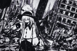 Rule 34 | 1girl, blouse, bow, buttons, closed mouth, diamond button, expressionless, eyeball, frilled shirt collar, frilled sleeves, frills, greyscale, hat, hat bow, hat ribbon, high contrast, komeiji koishi, long hair, long sleeves, monochrome, post-apocalypse, reverinth, ribbon, shirt, skirt, solo, third eye, touhou, wide sleeves