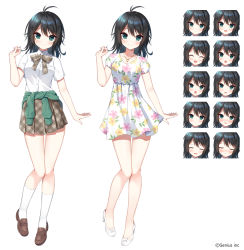 Rule 34 | 1girl, :d, ^ ^, black hair, blush, bow, breasts, brown bow, brown footwear, brown skirt, closed eyes, closed mouth, clothes around waist, collared shirt, copyright notice, dress, dress shirt, expressions, floral print, green eyes, high heels, loafers, long hair, mauve, multiple views, official art, open mouth, original, parted lips, plaid, plaid bow, plaid skirt, pleated skirt, print dress, puffy short sleeves, puffy sleeves, school uniform, shirt, shoes, short sleeves, simple background, skirt, small breasts, smile, socks, standing, watermark, white background, white dress, white footwear, white legwear, white shirt