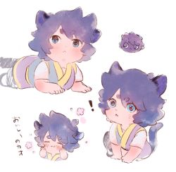 Rule 34 | !, 1boy, animal ears, blue eyes, blush, closed eyes, fengxi (the legend of luoxiaohei), highres, medium hair, multiple views, purple hair, short sleeves, tail, tb csp, luo xiaohei zhanji, white background, aged down