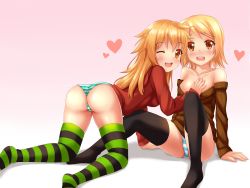Rule 34 | 2girls, all fours, artist self-insert, ass, bare shoulders, black legwear, blonde hair, blush, breasts, fictional persona, grabbing, grabbing another&#039;s breast, gradient background, heart, highres, hood, hoodie, long hair, looking at viewer, looking back, makishii, multiple girls, no pants, nottytiffy, open mouth, orange eyes, orange hair, original, panties, parka, real life insert, ribbed sweater, shiny skin, short hair, sitting, smile, striped clothes, striped legwear, striped panties, striped thighhighs, sweater, thighhighs, tiffy (nottytiffy), underwear, yuri