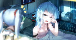 Rule 34 | 2girls, ahoge, bed, black legwear, blue eyes, blue hair, blurry, breasts, chibi, depth of field, female focus, hair down, hair ornament, hatsune miku, highres, indoors, long hair, md5 mismatch, multiple girls, open mouth, panties, pantyshot, pillow, qys3, resolution mismatch, rubbing eyes, shadow, skirt, sleeveless, source larger, spring onion, standing, strap slip, twintails, underwear, upper body, very long hair, vocaloid, waking up, white panties