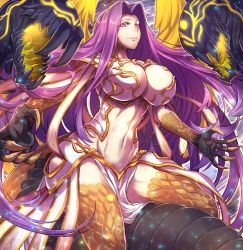 Rule 34 | 1girl, abs, breasts, bustier, claws, cleavage, cleavage cutout, clothing cutout, fate/grand order, fate (series), feathered wings, glowing, glowing eyes, gorgon (fate), gorgon (third ascension) (fate), hip vent, large breasts, long hair, looking at viewer, matsumoto tomoyohi, medusa (fate), medusa (rider) (fate), navel, orange eyes, parted bangs, pelvic curtain, purple hair, rider, scales, sidelocks, slit pupils, smile, snake hair, solo, sparkle, teeth, wings