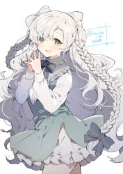 Rule 34 | 1girl, :d, braid, cowboy shot, dress, grey dress, ikeuchi tanuma, long hair, long sleeves, looking at viewer, open mouth, original, own hands together, side braids, simple background, smile, solo, standing, twin braids, twitter username, white background, white hair, yellow eyes