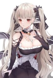 Rule 34 | 1girl, absurdres, azur lane, between breasts, black nails, breasts, chosen, cleavage, dress, formidable (azur lane), frilled dress, frills, gothic lolita, grey hair, hair ribbon, hand on own chest, highres, large breasts, lolita fashion, long hair, necktie, necktie between breasts, red eyes, ribbon, solo, twintails, two-tone dress, two-tone ribbon, white background