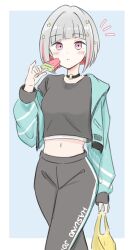 Rule 34 | 1girl, :t, absurdres, aqua jacket, bag, black choker, black pants, black shirt, blush, bob cut, breasts, choker, closed mouth, colored inner hair, cropped shirt, don quijote (store), eating, feet out of frame, food, grey hair, hair ornament, highres, holding, holding bag, holding food, holding popsicle, inverted bob, iroha (nami3), jacket, link! like! love live!, long sleeves, looking at viewer, love live!, medium breasts, midriff, multicolored hair, navel, notice lines, o-ring, o-ring choker, official alternate costume, pants, pink eyes, plastic bag, popsicle, red hair, shirt, short hair, single off shoulder, solo, star (symbol), star hair ornament, streaked hair, virtual youtuber, walking, watermelon bar, yugiri tsuzuri