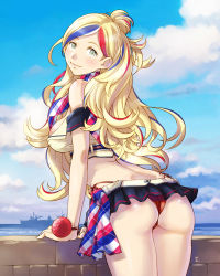 Rule 34 | 1girl, adapted costume, ass, bare shoulders, bikini, bikini skirt, blonde hair, blue hair, blue sky, blush, breasts, closed mouth, commandant teste (kancolle), commentary request, cowboy shot, day, from behind, kantai collection, large breasts, leaning forward, long hair, looking at viewer, looking back, multicolored clothes, multicolored hair, multicolored scarf, ocean, off shoulder, outdoors, pom pom (clothes), ponytail, red hair, sameha ikuya, scarf, side-tie bikini bottom, sky, smile, solo, streaked hair, string bikini, swept bangs, swimsuit, wavy hair, white hair