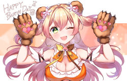 Rule 34 | 1girl, animal ears, anzu 1026, bear ears, bear paws, blonde hair, breasts, cleavage, commission, green eyes, hair between eyes, hands up, happy birthday, highres, hololive, large breasts, light blush, long hair, looking at viewer, momosuzu nene, one eye closed, open mouth, signature, skeb commission, smile, solo, upper body, virtual youtuber